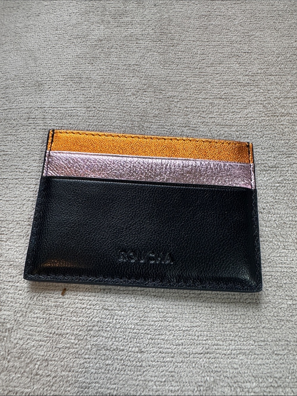 Black Leather Card Holder with Metallic Gold and Rose Accents